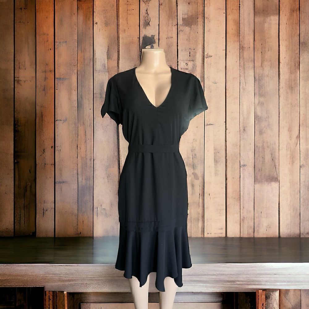 Amanda Uprichard New York Graciela Midi Dress Black Belt Cap Ruffle Sleeves. - Picture 2 of 9